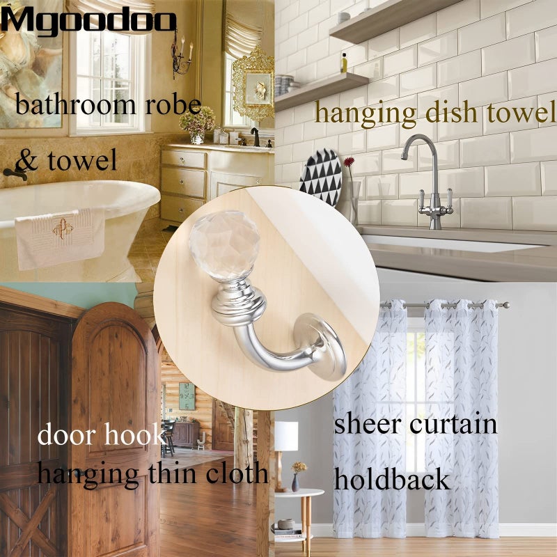 Mgoodoo Crystal Wall Hook, Silver Curtain Holdbacks Glass Window Dapery Holders Hangers for Towel Hat Coat Tassel Bathroom Robe Sheer - Image 5